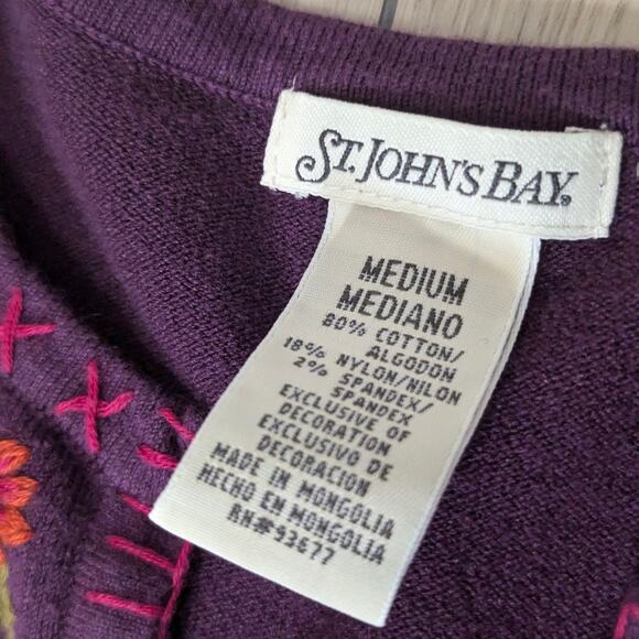 St John's Bay Purple embroidered fall themed v neck sweater size Medium - Picture 5 of 5